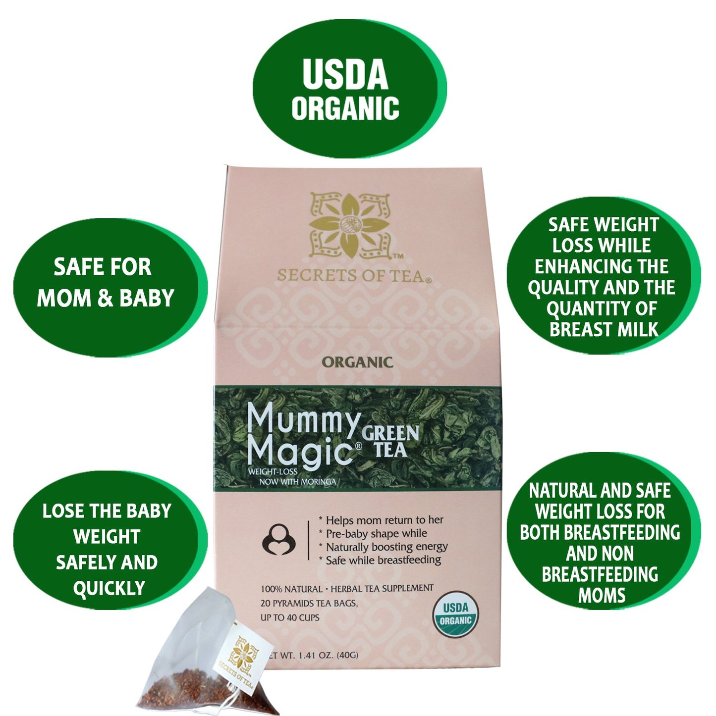 Organic Slimming Herbal Tea - Caffeine-Free with Moringa, 40 Servings