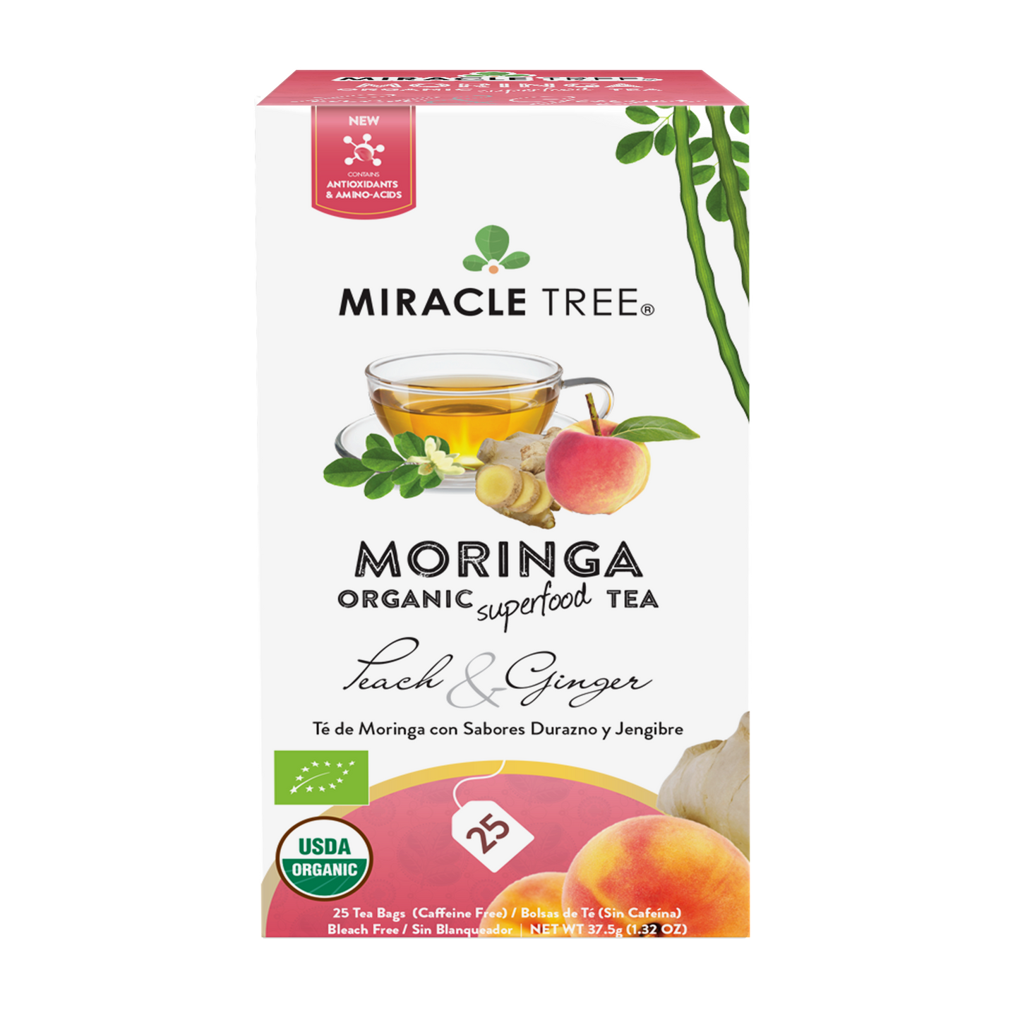 Miracle Tree's Organic Moringa Tea, Peach & Ginger